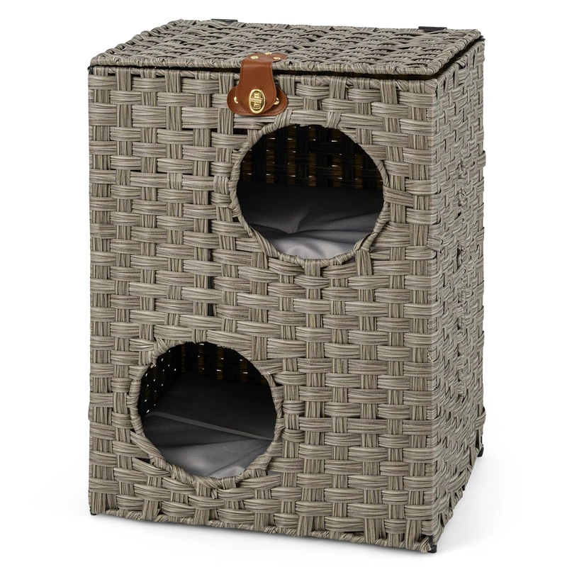 GYMAX Foldable Wicker Cat House, Rattan Kitten Condo with Washable Soft Cushion and Lockable Lid, Indoor Pet Furniture Cat Bed for Living Room Bedroom (43 x 35 x 61cm)