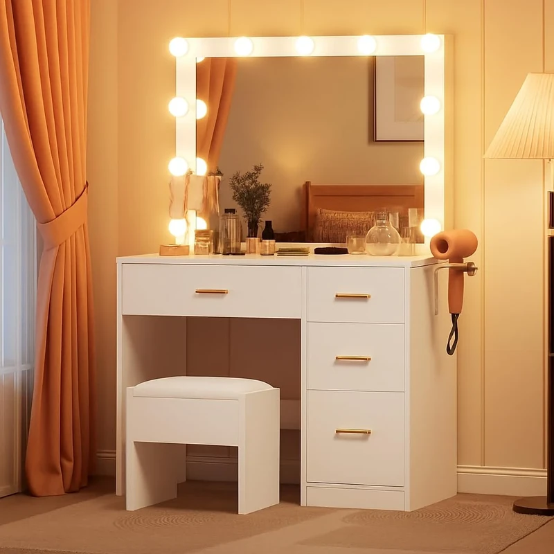 DWVO Dressing Table and Stool with LED Bulb Mirror, Vanity Table with Adjustable Lighting, 4-Drawer Storage, Hair Dryer Rack & Built-in Plug Socket, Dressing Table for Bedroom, White