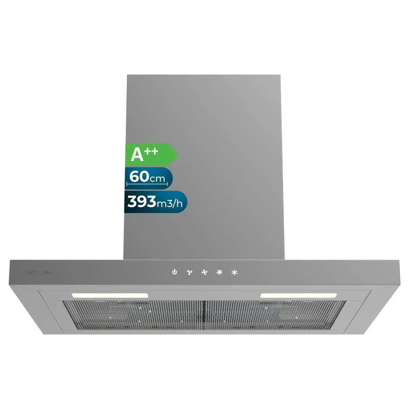 Cecotec Extractor Hood 60 cm Type T Bolero Flux TT 604000 Stainless Steel A++. Suction 393m3/h, DC Motor, 3 Speeds, SS Touch Control, Stainless Finish, LED Light, Aluminium and Carbon Filters