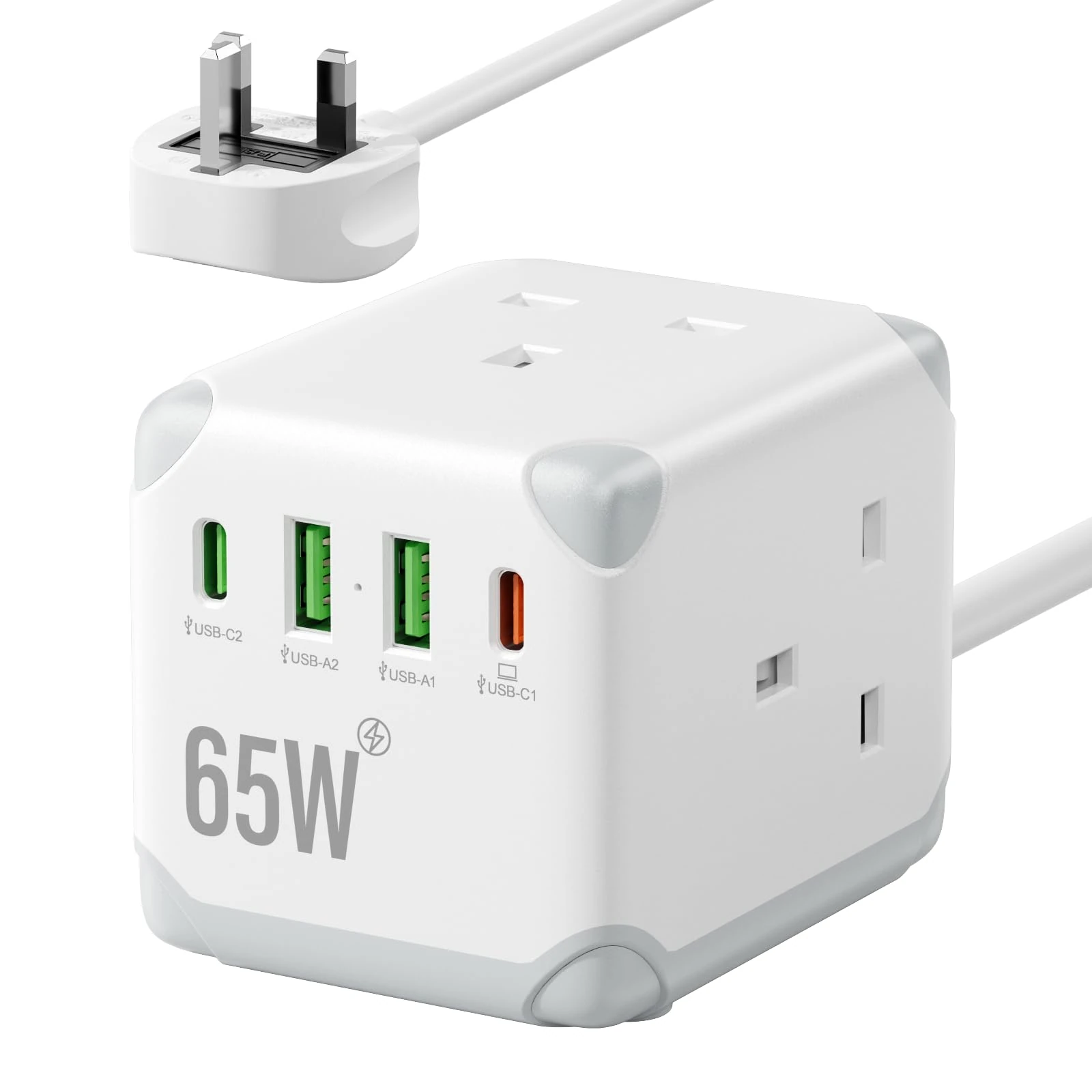 Cube Extension Lead with USB C PD65W Fast Charging, 3 Way Multi Plug Extension Socket with 2 USB-A & 2 USB-C Ports, UK Power Strip with Switch, 13A Fused Plug, 1.5M Extension Cable for Home Office