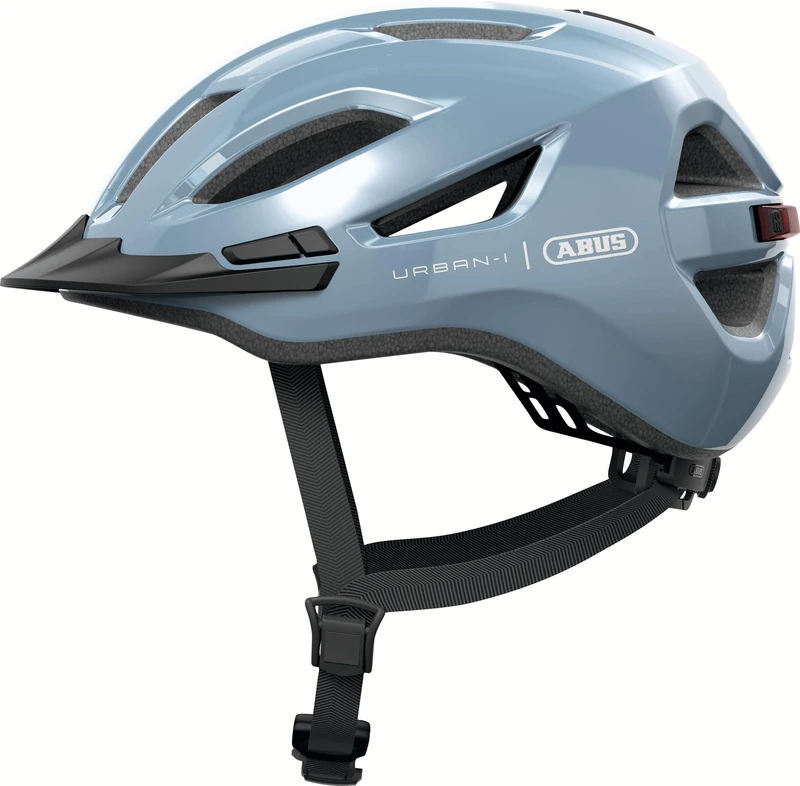 ABUS Urban-I 4.0 city helmet - bicycle helmet with rechargeable rear light, 2 light modes, visor, ponytail opening and magnetic fastener - for teenagers, women and men - size L, blue