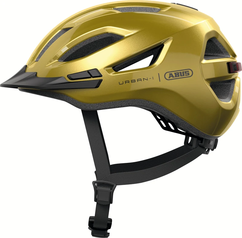 ABUS Urban-I 4.0 city helmet – bicycle helmet with rechargeable rear light, 2 light modes, visor, ponytail opening and magnetic fastener – for teenagers, women and men – size M, yellow