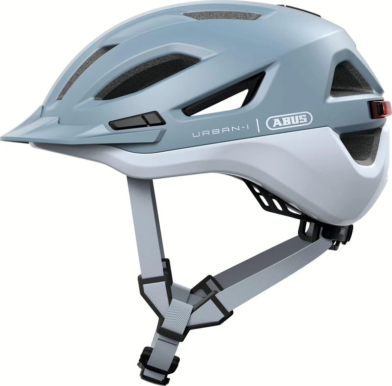 ABUS Urban-I 4.0 ACE city helmet – bicycle helmet with rechargeable rear light, 4 light modes, visor, ponytail opening and magnetic fastener – for teenagers, women and men – size M, blue