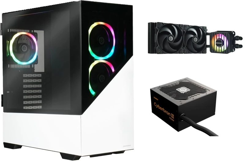 Enermax EnermaxK8 ARGB Midi Tower Gaming PC Case Snow White & CYBERBRON III 750 Watt 80 Plus Bronze Power Supply & Water Cooling LIQMAXFLO SR 240 Bundle; K8WW-750N-240SF