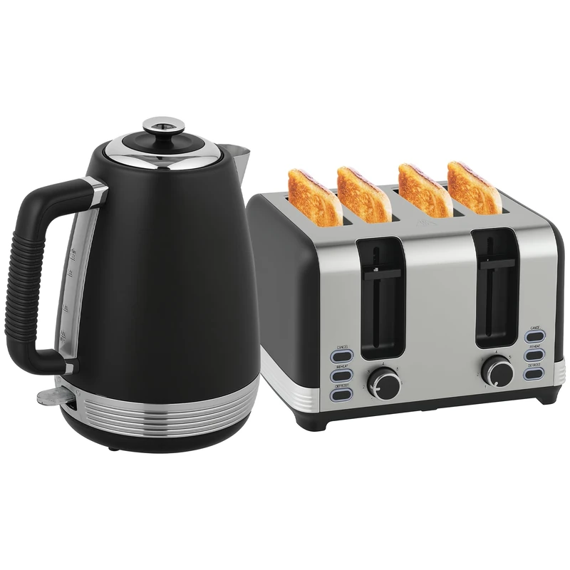 HOMCOM Stainless Steel Kettle and Toaster Set, 1.7L 3000W Rapid Boil Jug Kettle with UK Strix Thermostat, Limescale Filter, 4 Slice Toaster with 7 Browning Controls, Crumb Tray, Black and Silver Tone