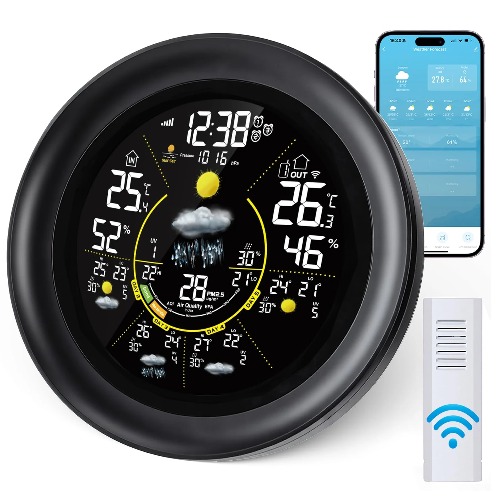 Yaskyly WiFi Weather Stations with Outdoor Sensor Wireless UK Temperature Humidity Monitor with Air Pressure, Rainfall, UV Index, 5 Days Weather Forecast, PM2.5/AQI, Sunrise/Sunset, Date, 3 Alarms