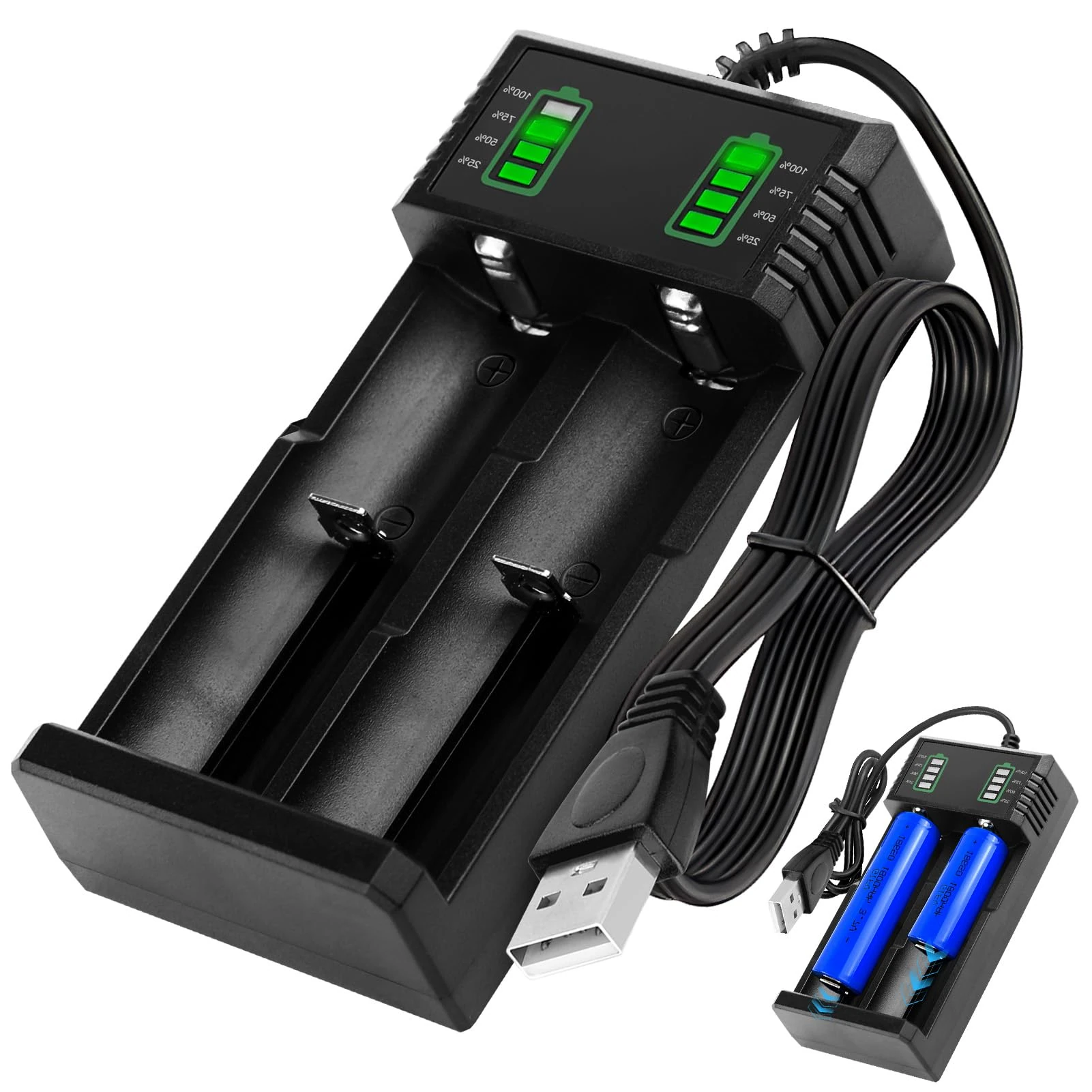Dual 18650 Battery Charger for 18500 14500 21700 26650 26700 18490 18350 17670 17500, USB Charger with LED Indicator, Universal Fast Dual Battery Charge for 3.7V/3.6V Li-ion Rechargeable Batteries