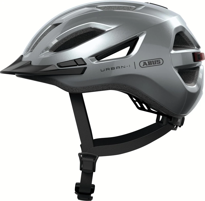 ABUS Urban-I 4.0 city helmet - bicycle helmet with rechargeable rear light, 2 light modes, visor, ponytail opening and magnetic fastener - for teenagers, women and men - size L, silver