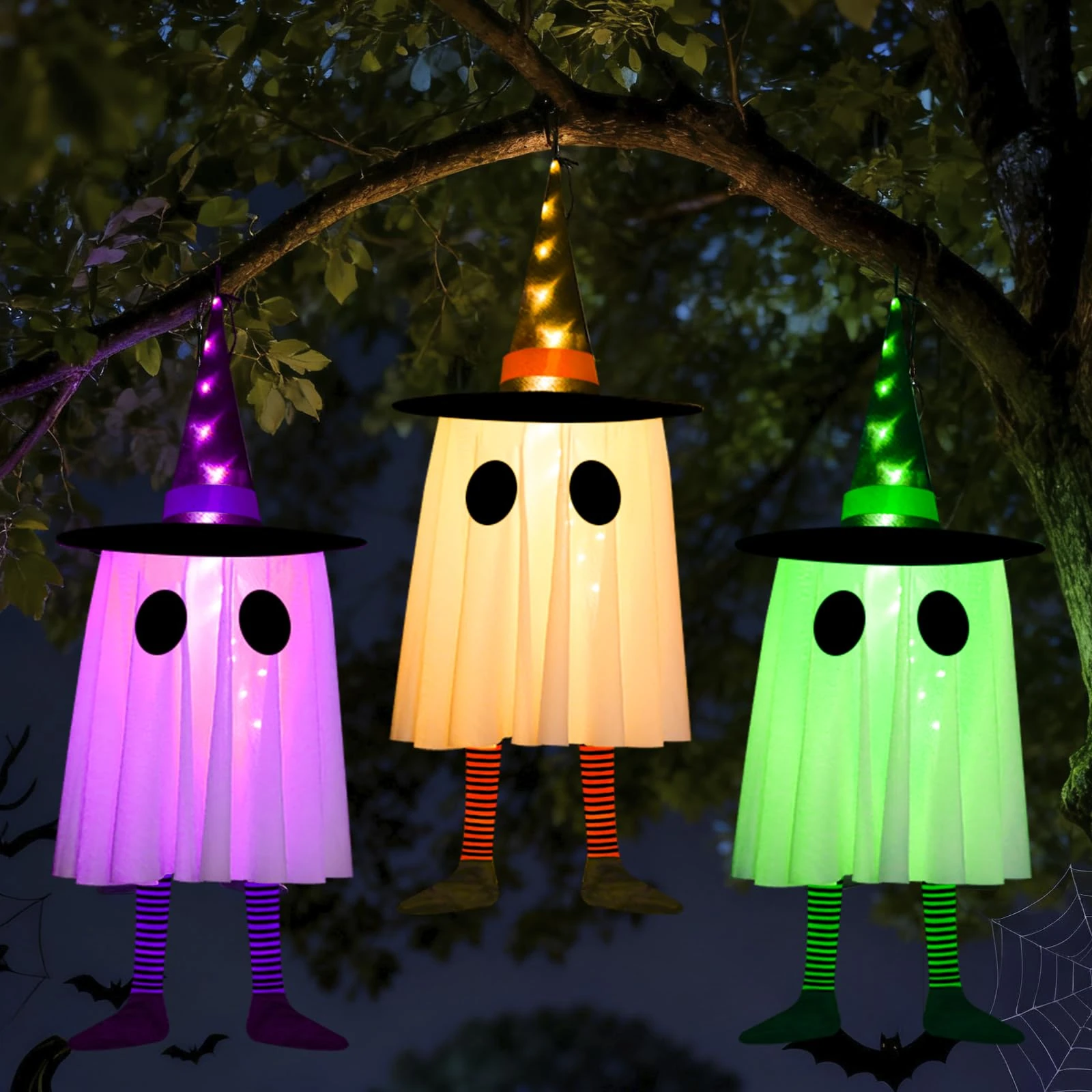 kopotma Halloween Decoration Hanging Ghost, 3Pcs LED Lights Glowing Ghost with Witch Hat, Halloween Hanging Ghost Decor, Purple/Green/Yellow