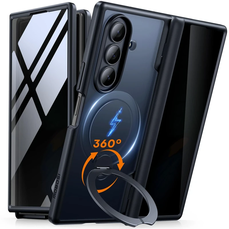 MOBOSI Rotatable Ring Stand for Z Fold 7 Case with Privacy Screen Protector, Compatible with Magsafe, 18FT MIL-Grade Protection, Magnetic Shockproof Slim Case for Samsung Galaxy Z Fold7, Black