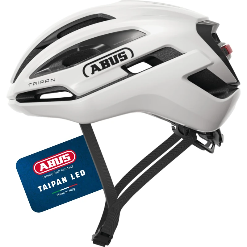 ABUS Taipan LED gravel helmet – bike helmet with light for gravel biking – lightweight, versatile and well ventilated – with glasses holder – for teenagers, women and men – size L, white
