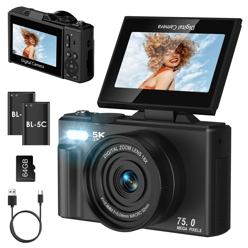 Digital Camera, LAMA 5K 75MP Autofocus Vlogging Camera with 64G SD Card, Compact Camera with 3.0 Inch 180° Flip Screen, 18X Digital Zoom Cameras for Kids, Teenagers, Beginners, Adults Black