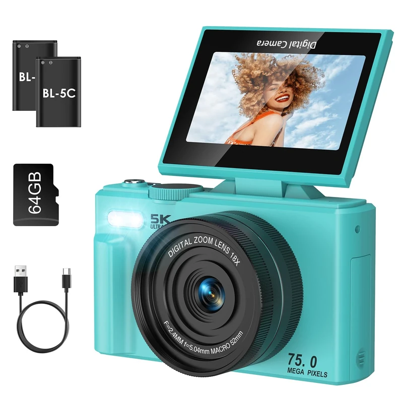 Digital Camera, LAMA 5K 75MP Autofocus Vlogging Camera with 64G SD Card, Compact Camera with 3.0 Inch 180° Flip Screen, 18X Digital Zoom Cameras for Kids, Teenagers, Beginners, Adults Blue