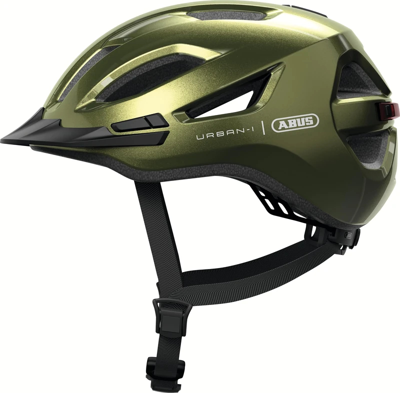 ABUS Urban-I 4.0 city helmet - bicycle helmet with rechargeable rear light, 2 light modes, visor, ponytail opening and magnetic fastener - for teenagers, women and men - size S, green