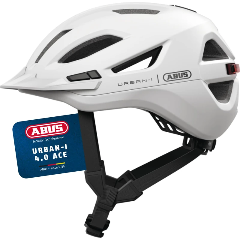 ABUS Urban-I 4.0 ACE city helmet – bicycle helmet with rechargeable rear light, 4 light modes, visor, ponytail opening and magnetic fastener – for teenagers, women and men – size L, white
