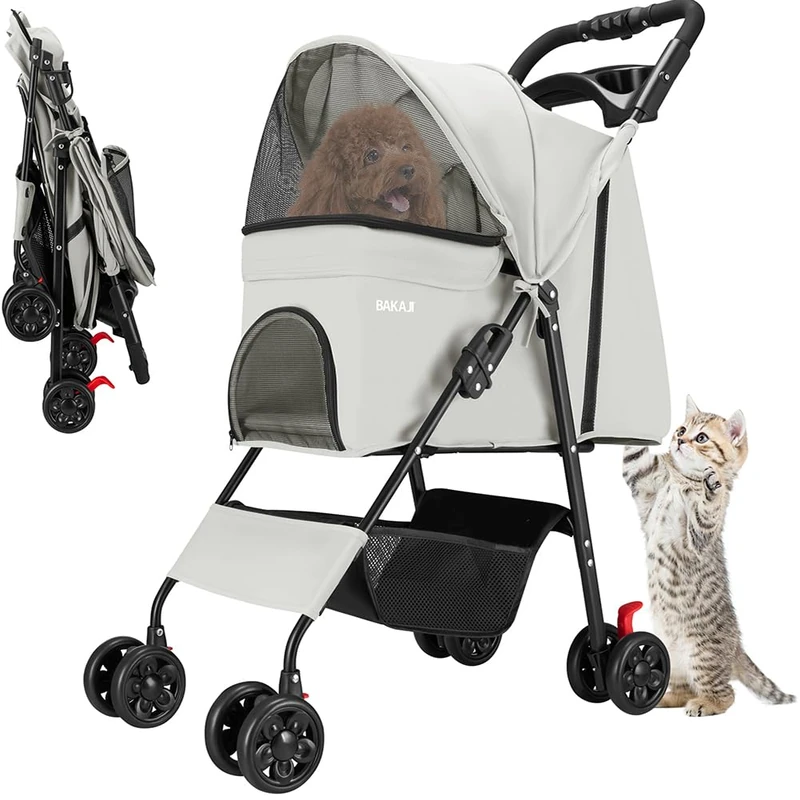 BAKAJI Pet Stroller Maximum Load 30 kg, Folding and Space-Saving Pram for Dogs and Cats with Storage Basket and Lockable Wheels, Protective Anti-UV Hood (Grey)