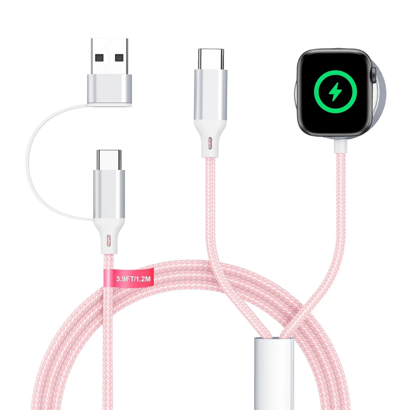2-in-2 Charger Cable Compatible with Apple Watch Ultra 3 2 & USB-C Devices – imodomio USB-C Charging Cable for iPad 11-inch, AirPods, iPhone 17 16 15 Series (Pink)