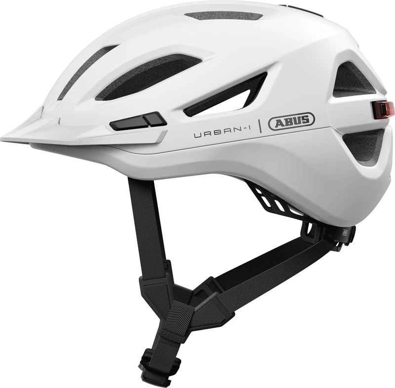 ABUS Urban-I 4.0 ACE city helmet – bicycle helmet with rechargeable rear light, 4 light modes, visor, ponytail opening and magnetic fastener – for teenagers, women and men – size XL, white