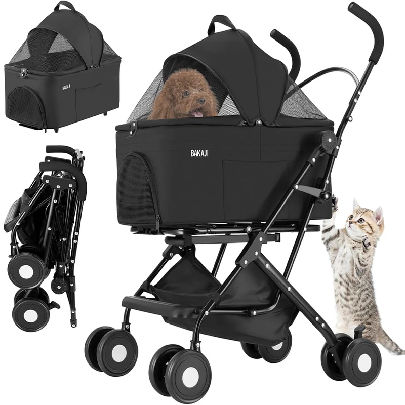 BAKAJI 2 in 1 Pet Stroller, Maximum Load 40 kg, Foldable and Space-Saving, Removable Capsule, Dog and Cat Pram with Removable Transport and Storage Basket (Black)