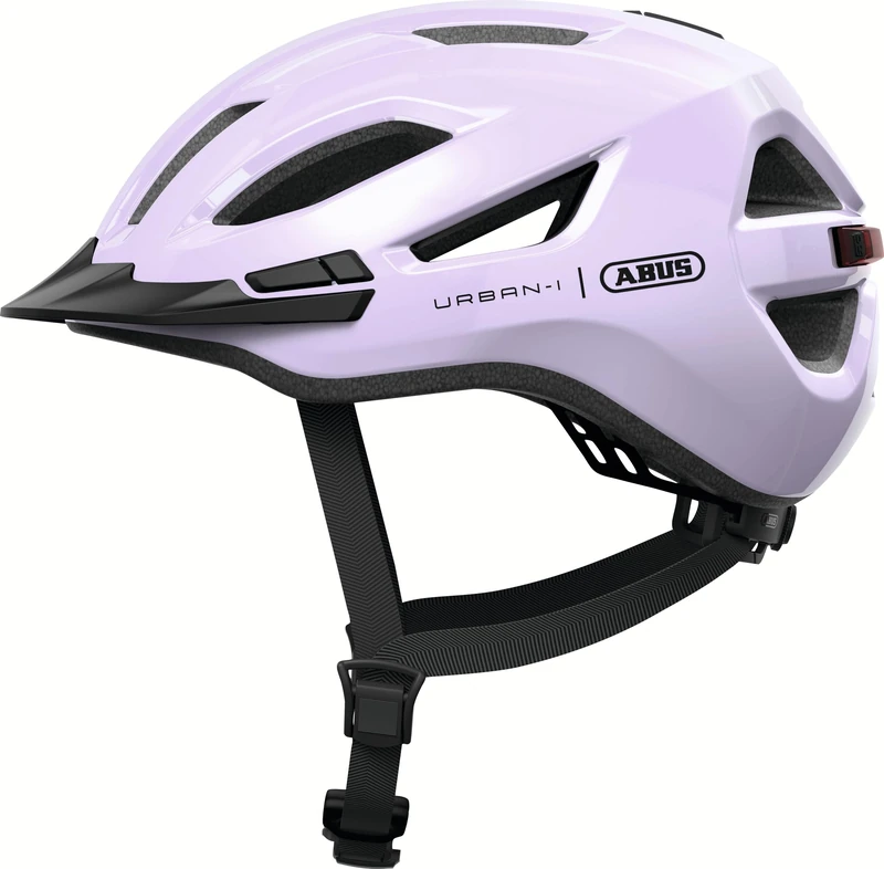 ABUS Urban-I 4.0 city helmet – bicycle helmet with rechargeable rear light, 2 light modes, visor, ponytail opening and magnetic fastener – for teenagers, women and men – size L, purple