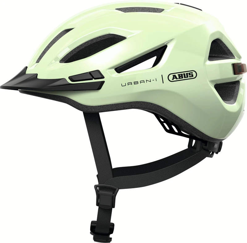 ABUS Urban-I 4.0 city helmet – bicycle helmet with rechargeable rear light, 2 light modes, visor, ponytail opening and magnetic fastener – for teenagers, women and men – size L, green