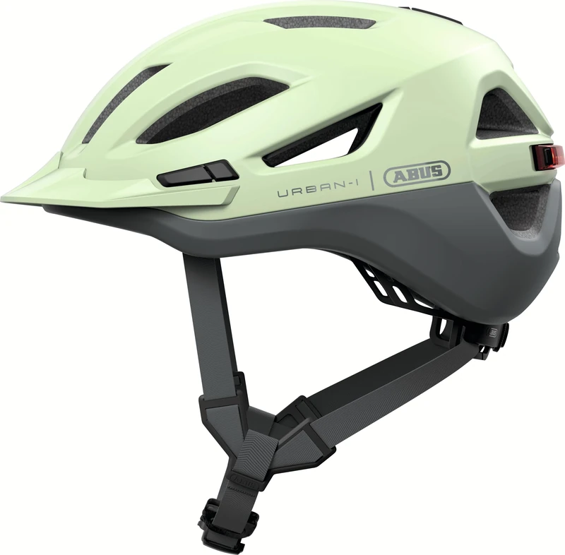 ABUS Urban-I 4.0 ACE city helmet - bicycle helmet with rechargeable rear light, 4 light modes, visor, ponytail opening and magnetic fastener - for teenagers, women and men - size M, green