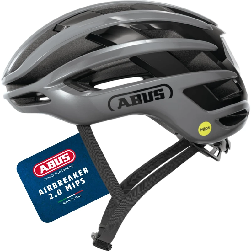 ABUS AirBreaker 2.0 MIPS road bike helmet – lightweight bike helmet with a focus on ventilation, aerodynamics, safety and comfort for professional cycling – for women and men – size S, silver - Image 1
