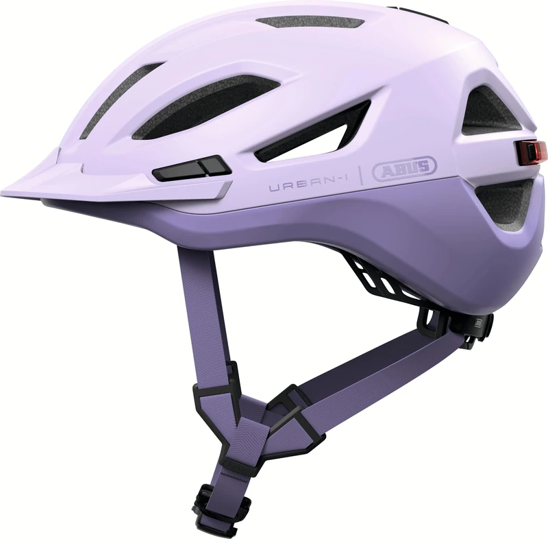 ABUS Urban-I 4.0 ACE city helmet – bicycle helmet with rechargeable rear light, 4 light modes, visor, ponytail opening and magnetic fastener – for teenagers, women and men – size S, purple