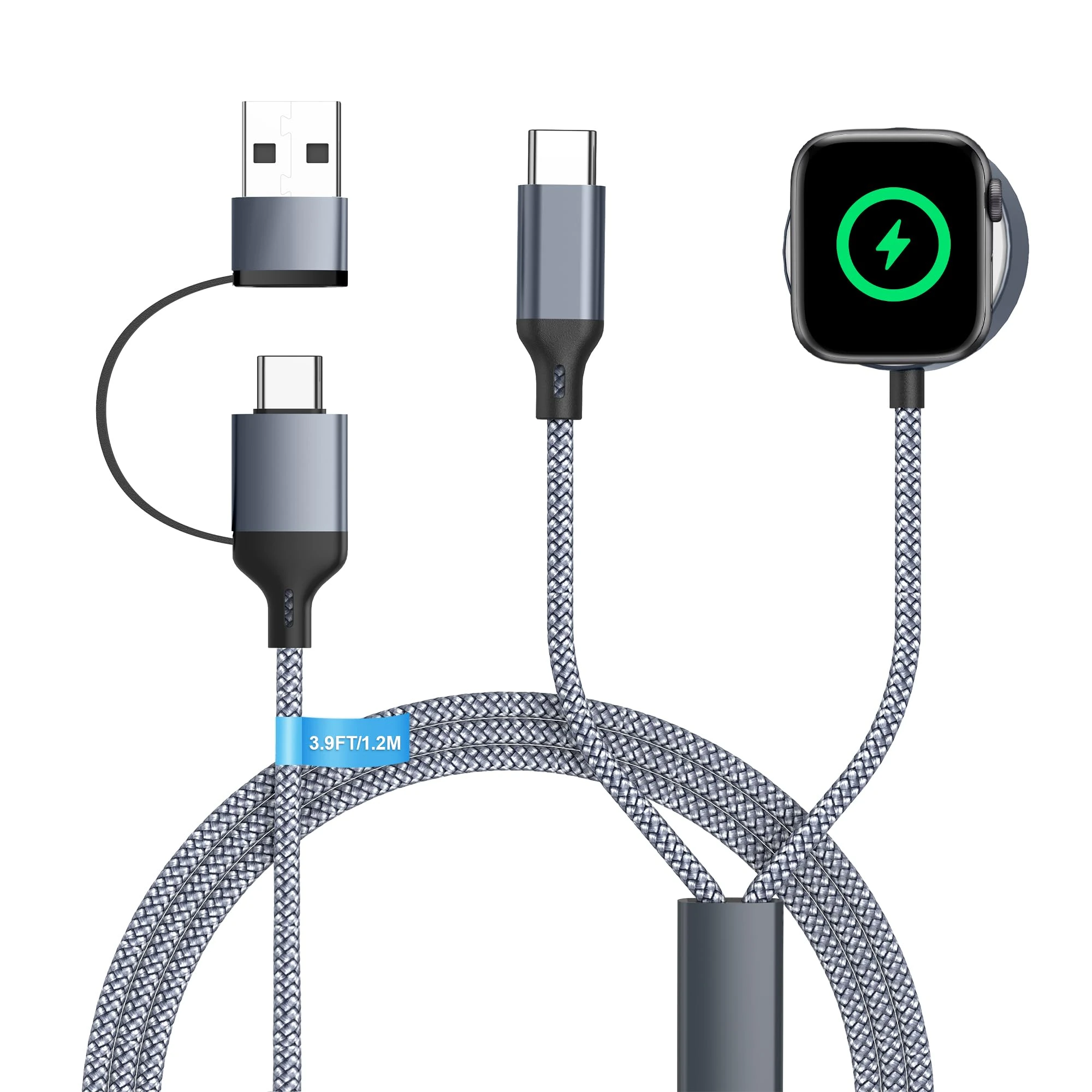 2 in 1 for iPhone and Apple Watch Charger - imodomio USB C to USB C Dual Multi Charger Cable for iPhone 17/16/15/iPad/Airpods & iWatch Series 11/10/9/SE/Ultra 3 (Grey)