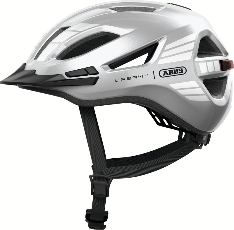 ABUS Urban-I 4.0 city helmet - bicycle helmet with rechargeable rear light, 2 light modes, visor, ponytail opening and magnetic closure - for teenagers, women and men - size XL, silver
