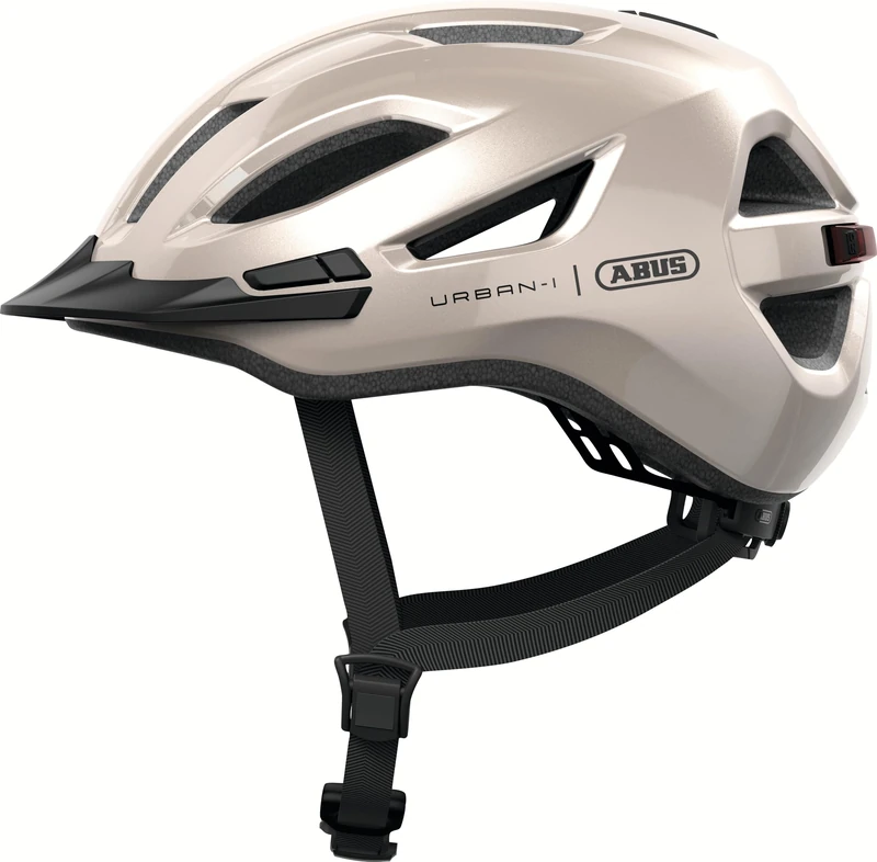 ABUS Urban-I 4.0 city helmet – bike helmet with rechargeable rear light, 2 light modes, visor, ponytail opening and magnetic closure – for teenagers, women and men – size M, beige