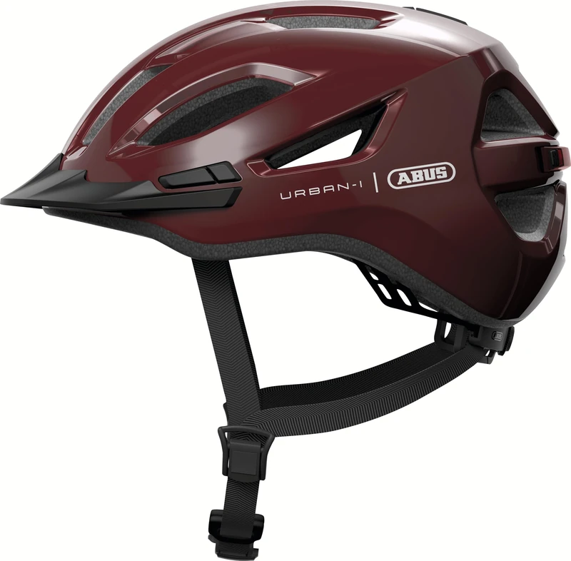 ABUS Urban-I 4.0 city helmet - bicycle helmet with rechargeable rear light, 2 light modes, visor, ponytail opening and magnetic fastener - for teenagers, women and men - size L, red