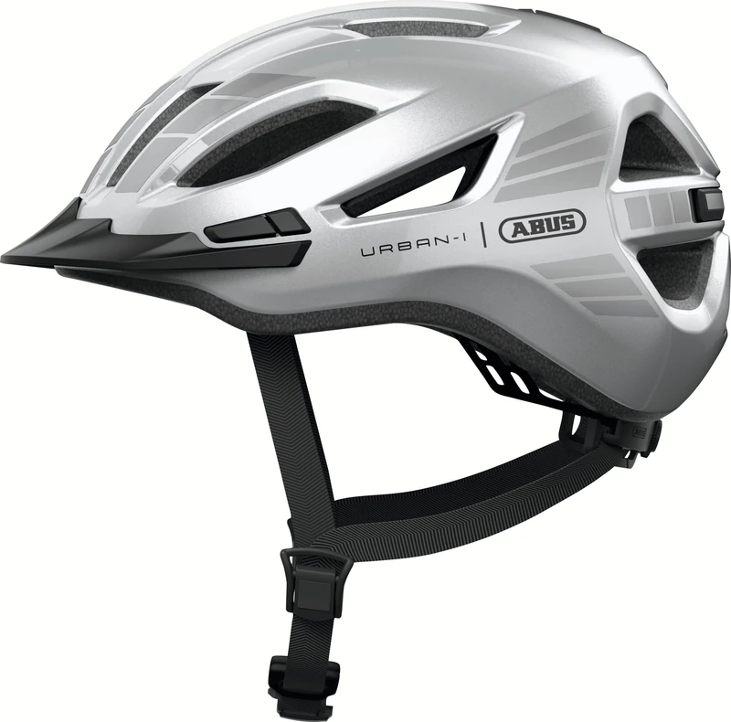 ABUS Urban-I 4.0 LR city helmet – bicycle helmet with ponytail opening, visor, magnetic fastener – light ready for retrofitting with rear light – for teenagers, women and men – size L, silver