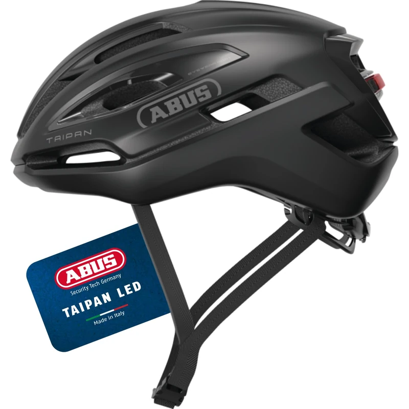 ABUS Taipan LED gravel helmet – bike helmet with light for gravel biking – lightweight, versatile and well ventilated – with glasses holder – for teenagers, women and men – size M, black