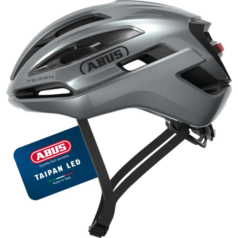 ABUS Taipan LED gravel helmet – bike helmet with light for gravel biking – lightweight, versatile and well ventilated – with glasses holder – for teenagers, women and men – size M, silver