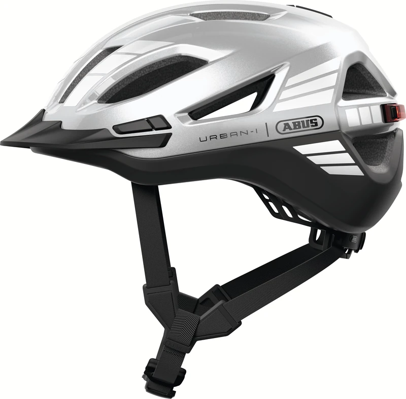 ABUS Urban-I 4.0 ACE city helmet – bicycle helmet with rechargeable rear light, 4 light modes, visor, ponytail opening and magnetic fastener – for teenagers, women and men – size L, silver