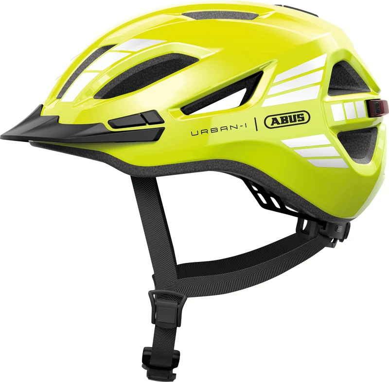 ABUS Urban-I 4.0 city helmet – bicycle helmet with rechargeable rear light, 2 light modes, visor, ponytail opening and magnetic fastener – for teenagers, women and men – size S, yellow