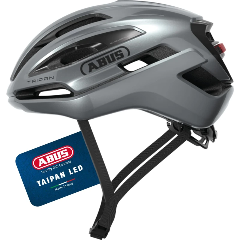 ABUS Taipan LED gravel helmet – bike helmet with light for gravel biking – lightweight, versatile and well ventilated – with glasses holder – for teenagers, women and men – size S, silver