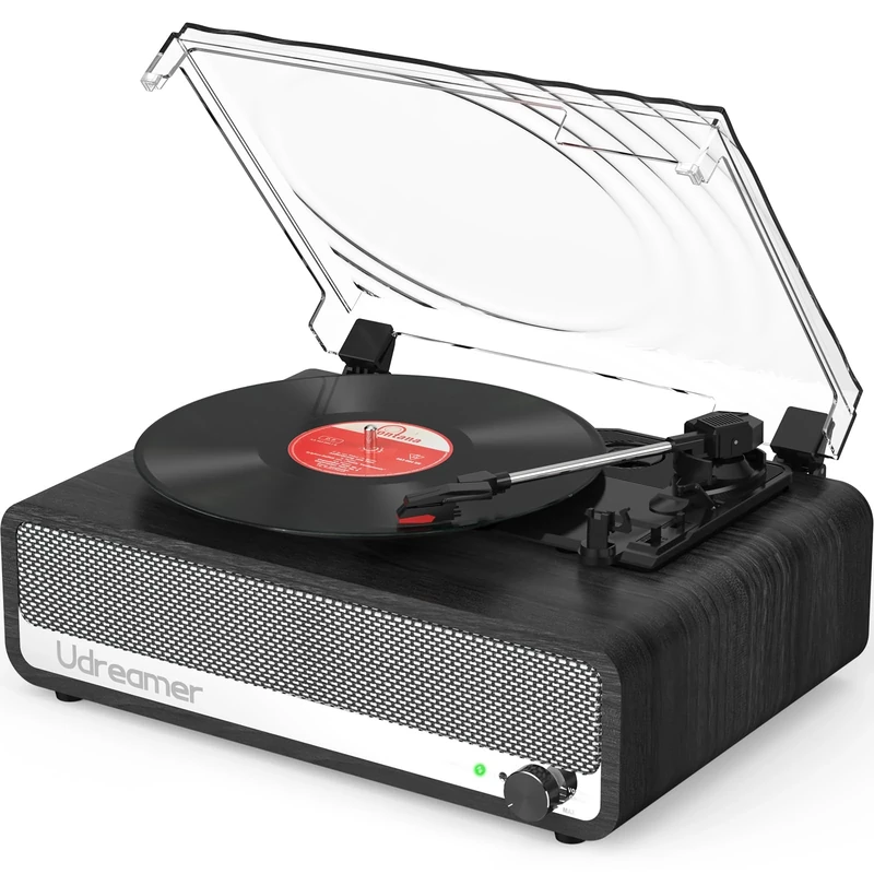 Udreamer Record Player with Speaker Bluetooth Turntable Vintage Vinyl Player Support USB AUX-in Headphone RCA Line-Out 3 Speed Belt-Driven Auto-Stop Mirror Design Black