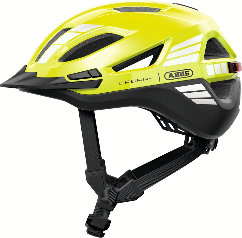 ABUS Urban-I 4.0 ACE city helmet – bicycle helmet with rechargeable rear light, 4 light modes, visor, ponytail opening and magnetic fastener – for teenagers, women and men – size S, yellow