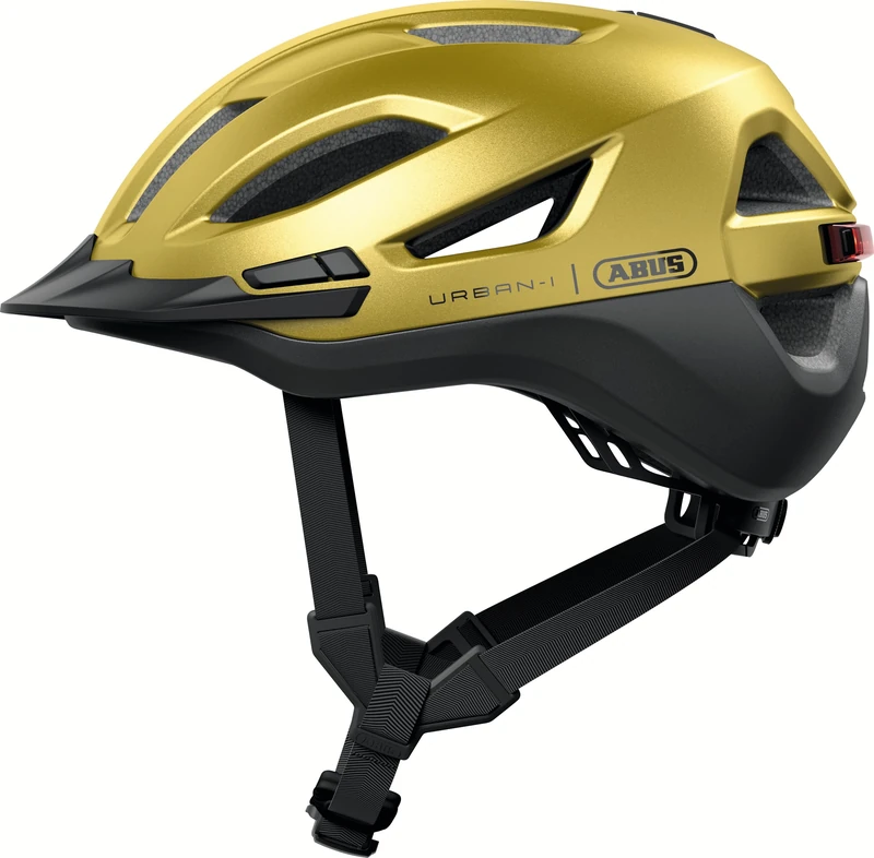 ABUS Urban-I 4.0 ACE city helmet – bicycle helmet with rechargeable rear light, 4 light modes, visor, ponytail opening and magnetic fastener – for teenagers, women and men – size S, yellow