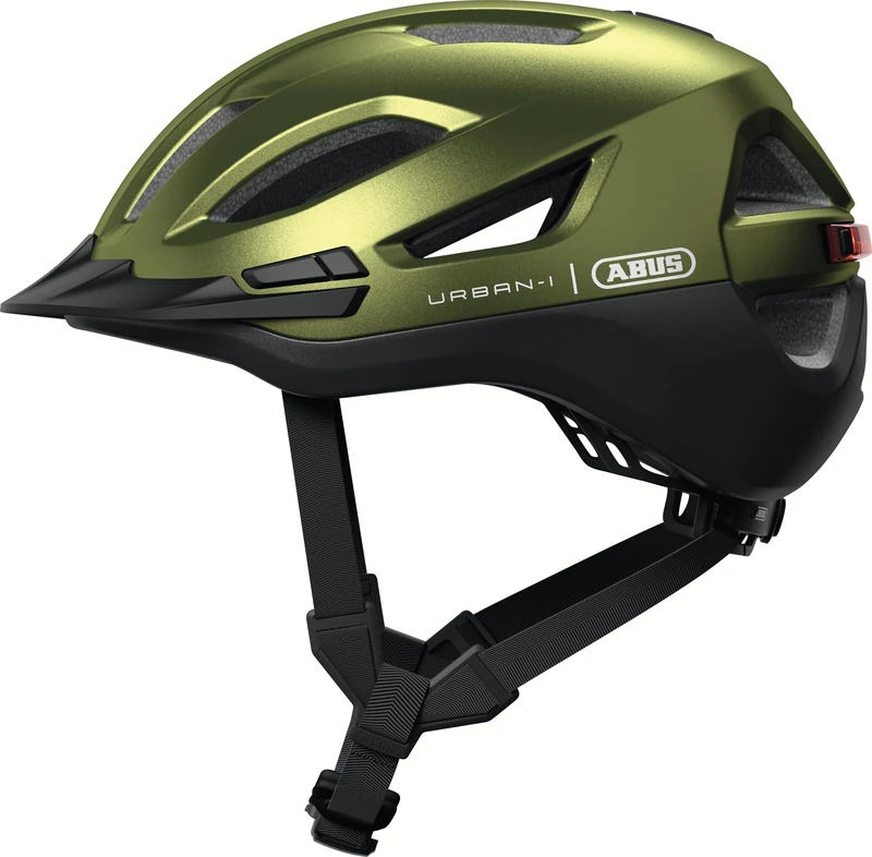ABUS Urban-I 4.0 ACE city helmet - bicycle helmet with rechargeable rear light, 4 light modes, visor, ponytail opening and magnetic fastener - for teenagers, women and men - size M, green