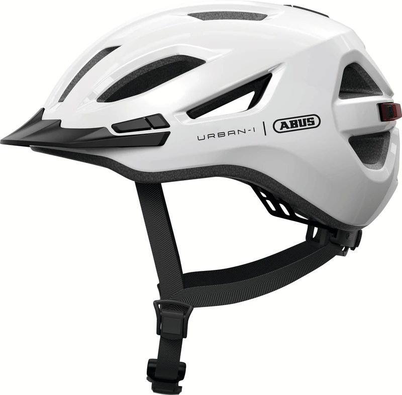 ABUS Urban-I 4.0 city helmet – bicycle helmet with rechargeable rear light, 2 light modes, visor, ponytail opening and magnetic fastener – for teenagers, women and men – size M, white
