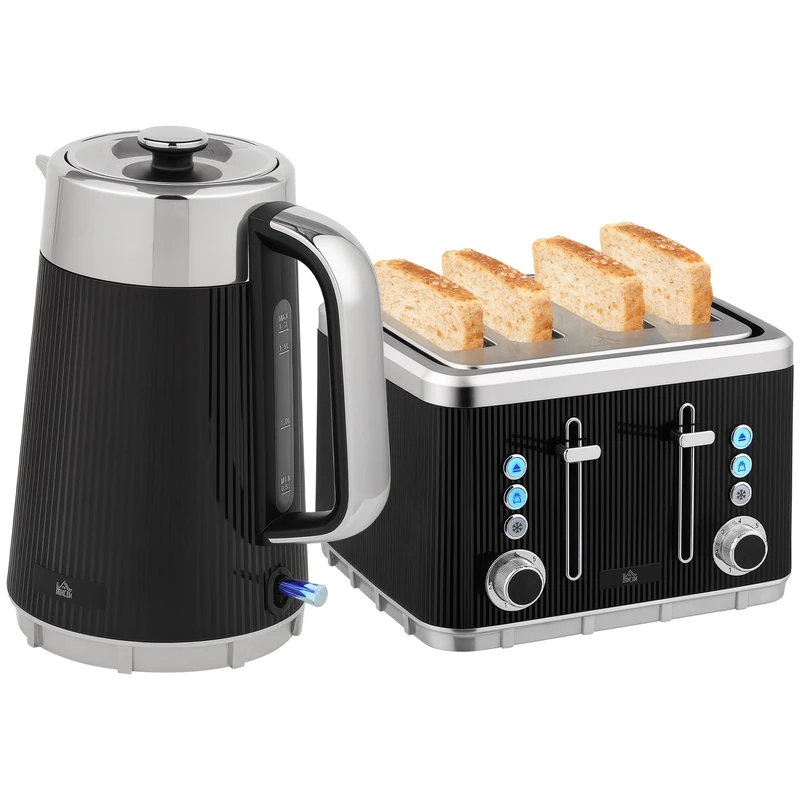 HOMCOM Electric Stainless Steel Kettle and Toaster Set, 3000W 1.7L UK Strix Thermostat Fast Boil Kettle w/Limescale Filter, Cool Touch Body, 4 Slice Toaster with 7 Browning Levels, Black