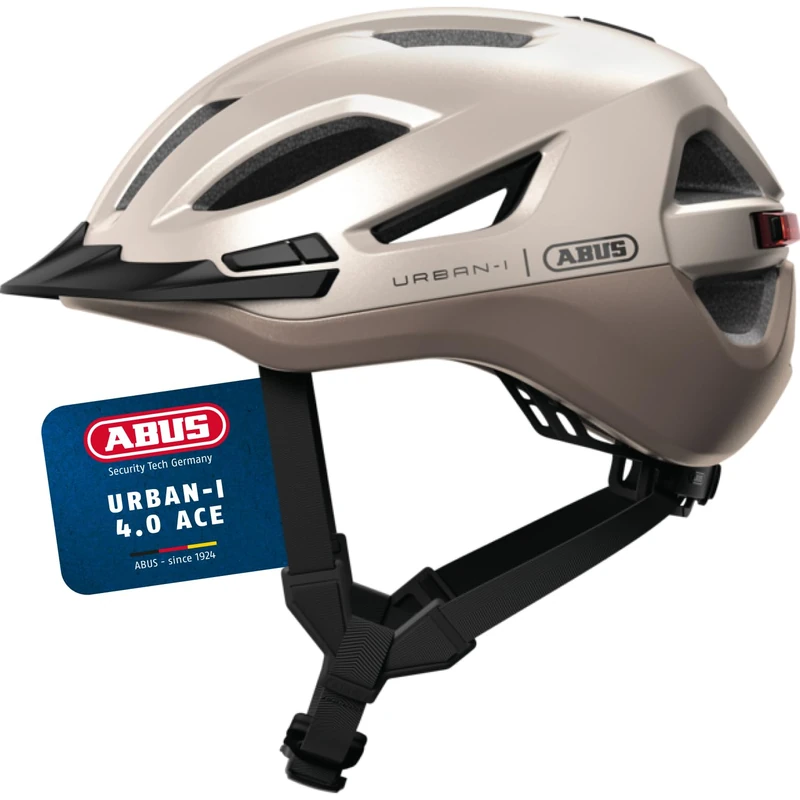 ABUS Urban-I 4.0 ACE city helmet – bicycle helmet with rechargeable rear light, 4 light modes, visor, ponytail opening and magnetic fastener – for teenagers, women and men – size L, beige