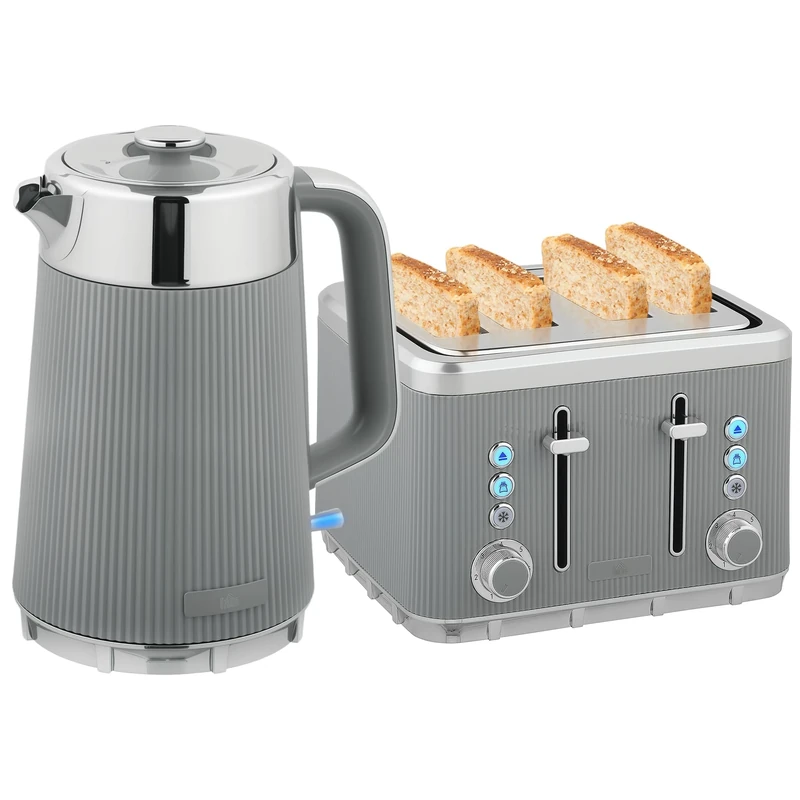 HOMCOM Electric Stainless Steel Kettle and Toaster Set, 3000W 1.7L UK Strix Thermostat Fast Boil Kettle w/Limescale Filter, Cool Touch Body, 4 Slice Toaster with 7 Browning Levels, Crumb Tray, Taupe