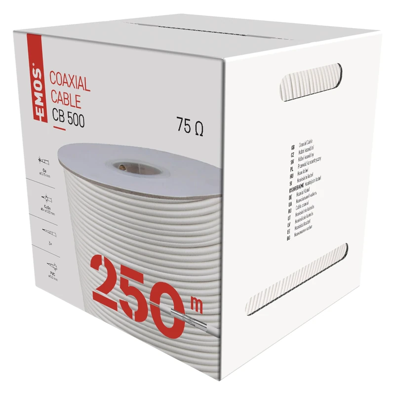 EMOS - Antenna cable 250m for SAT, TV and CCTV, type CB113 LSZH - Coaxial cable Class A+ triple shielded - TV cable, satellite cable, CCT cable - Trishield shielding - resistance 75 ohms - white