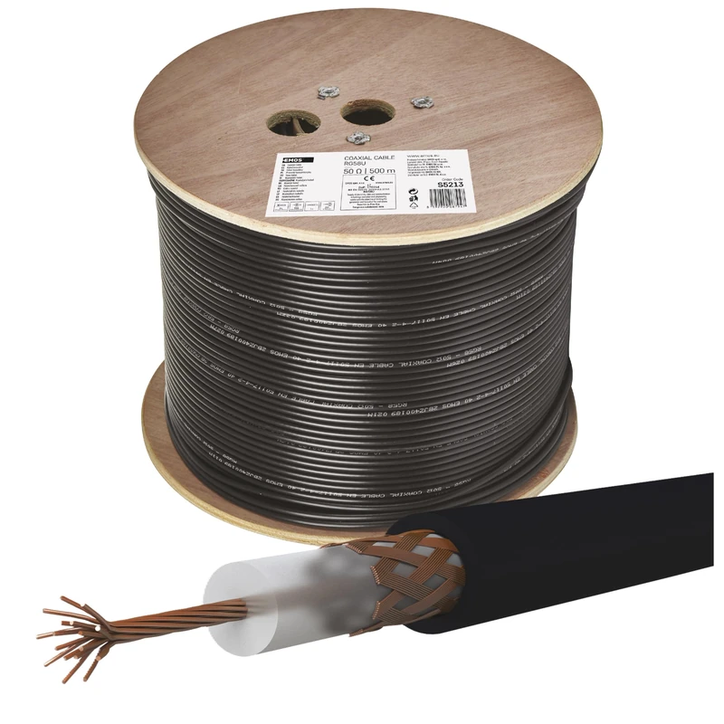 EMOS - Antenna cable 500m for TV and router, type RG58U - stranded copper coaxial cable CCA shielded - TV cable with PVC jacket for outdoor applications - UV-resistant - resistance 50 ohms - black