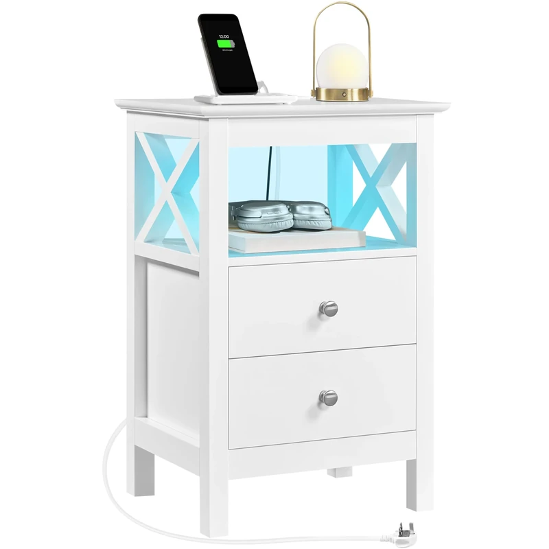 Yaheetech Bedside Table with Charging Station and LED Lights, Wood Nightstand with 2 Storage Drawers, Bedside Cabinet with USB Ports & AC Outlets, for Bedroom, Living Room, White