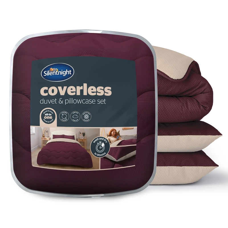 Silentnight Coverless Seersucker Duvet & Pillowcase Set - Soft Stylish 10.5 Tog Two Reversible Colours Bed Quilt - All Year Round Comfort No Cover Needed - Berry & Cream, Super King